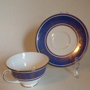 ROYAL WINDSOR Royal Doulton Teacup Coffee Cup Saucer Cobalt Blue Gold Accents Footed English Fine Bone China Made In England