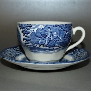 LIBERTY BLUE Coffee/Tea Cup & Saucer Set Paul Revere Old North Church Staffordshire Ironstone Made In England