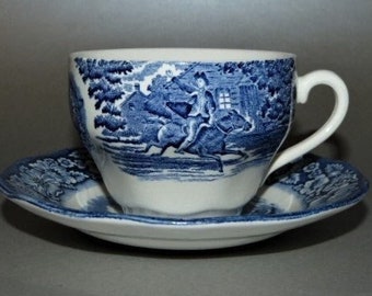 LIBERTY BLUE Coffee/Tea Cup & Saucer Set Paul Revere Old North Church Staffordshire Ironstone Made In England