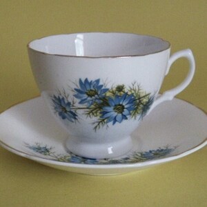 Teacup Coffee Cup & Saucer Blue Floral Silver Accents Scalloped English Bone China Made In England