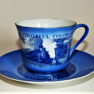 Colorful Colorado Teacup & Saucer Souvenir Of Colorado Blue And White China