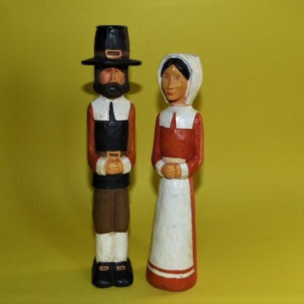 KURT S. ADLER Pilgrim Man & Woman Candle Holders Carved Wood Thanksgiving Fall 8.5” – 9.25”