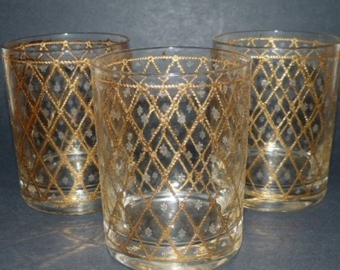 CULVER Double Oldfashioned Glasses Set of 3 Heavy Gold Diamond Pattern