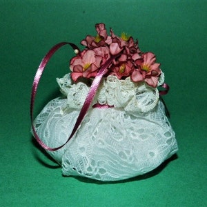 Victorian White Lace Christmas Tree Ornament Pink Ribbon Flowers 3.75” x 3.5”