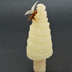 Beige Beeswax Candle With Plastic Bee Christmas Tree 3.75”