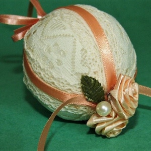 Victorian Beige Lace Ball Christmas Tree Ornament Peach Roses Ribbons White Beads 2.5”