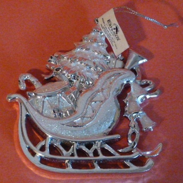 KURT S. ADLER Silver Sleigh Ornament Glitter Acrylic 4.5” x 4.25”