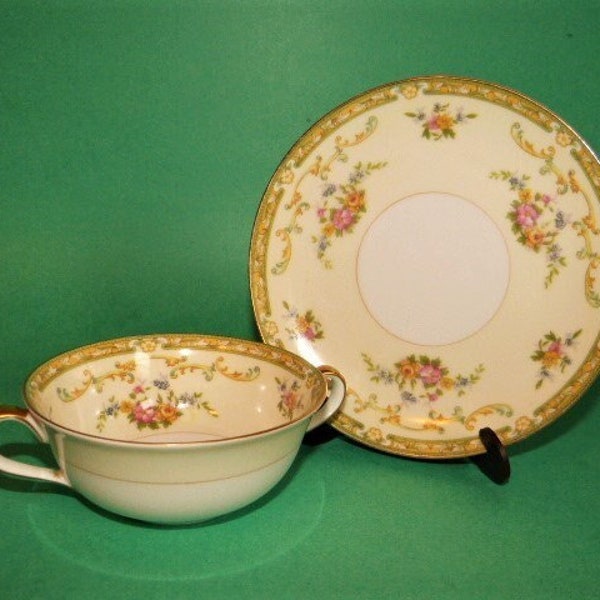 NORITAKE CHINA Bouillon Cup & Saucer Arlene Pattern Pink Yellow Floral Gold Accents 2 Handles Made In Japan