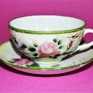 Asian-Inspired Teacup Coffee Cup & Saucer Set Pink Roses Green Leaves Trees Houses Landscape Textured Porcelain Made In Japan