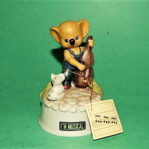 FLAMBRO Music Box Koala Bear Playing Bass Fiddle With Dog Teddy Bear’s Picnic Fine Bisque Porcelain 4.75” x 3.25”