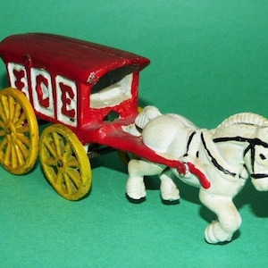 Toy Ice Truck Cast Iron Red Yellow Wheels White Horse 2.75” x 7.25” x 2.25”