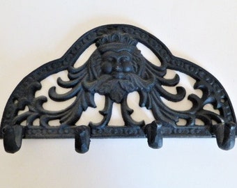 Wall Mount Key Or Hat Hanger Black Cast Iron King’s Face 4 Hooks 4.75” x 9.5”