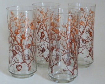 LIBBEY Tumblers Set Of 4 Autumn Fall Brown Orange Tree Branches Leaves 6.5” x 2.75”