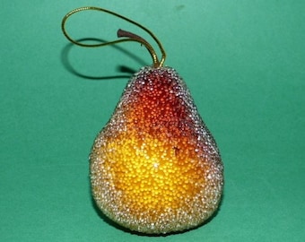 Sugared Beaded Pear Ornament Yellow Red Christmas Holiday Crafting 3.75” x 3”