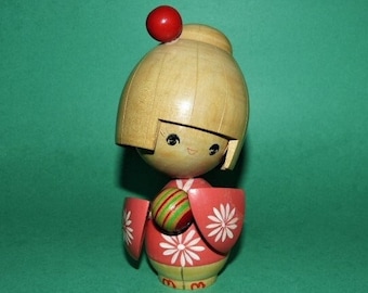 Japanese KOKESHI Wooden Blond Doll With Hair Pin & Ball Hand Painted Hand Carved 6.25”