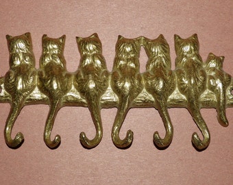 Vintage Solid Brass 4 Cat Key Hooks /& 7 Cats
