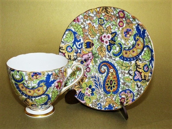 SHELLEY Blue Paisley Chintz Teacup & Saucer Ripon Shape Fine Bone