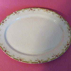 W.G. & Co. LIMOGES FRANCE 13.5&quot;  x 10.5&quot; Oval Serving Platter Porcelain Pink Roses Kitchenware