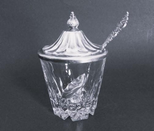 ROGERS BROS. Condiment Bowl Jar Crystal Glass Silver Ribbed Lid & Scalloped Spoon Kitchenwares 5.25" x 3.5"