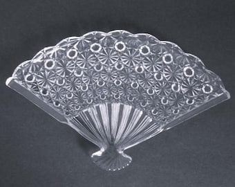 AVON Clear Pressed Glass Dish Fan Shaped Buttons & Starbursts Ribbed Scalloped Victorian Style Soap Trinkets Perfumes