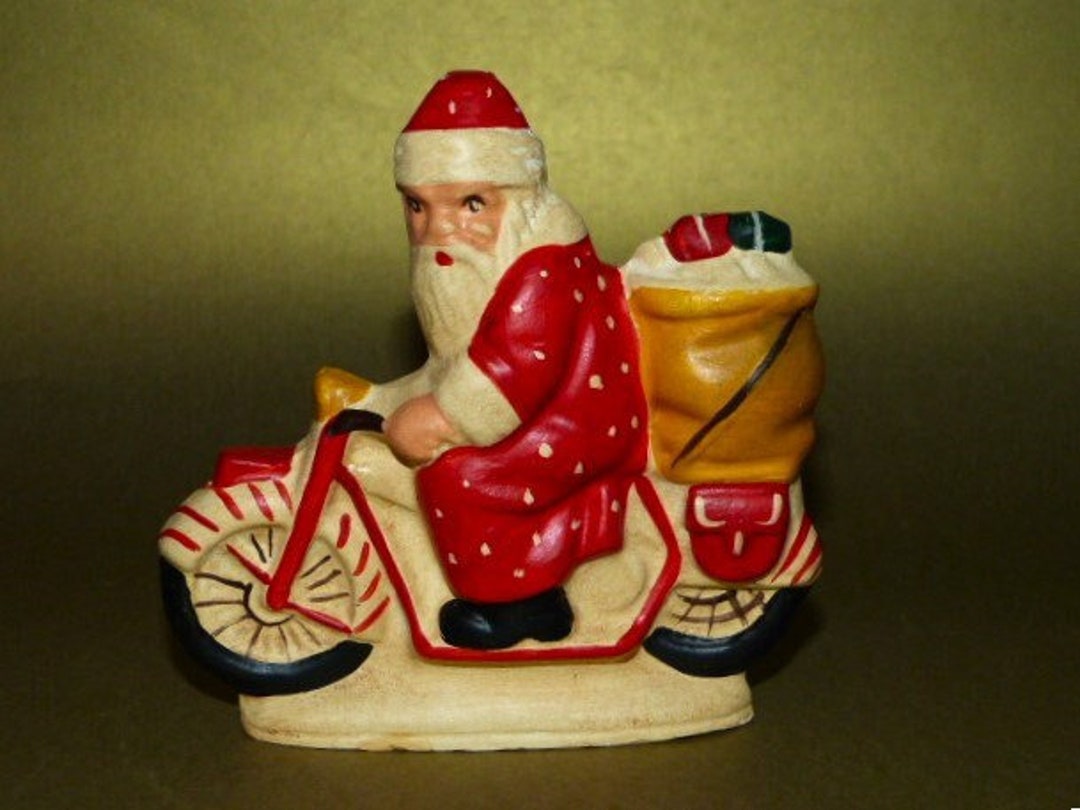 RICH CONNOLLY Folk Art Santa on Motorcycle Chalk Ware Etsy
