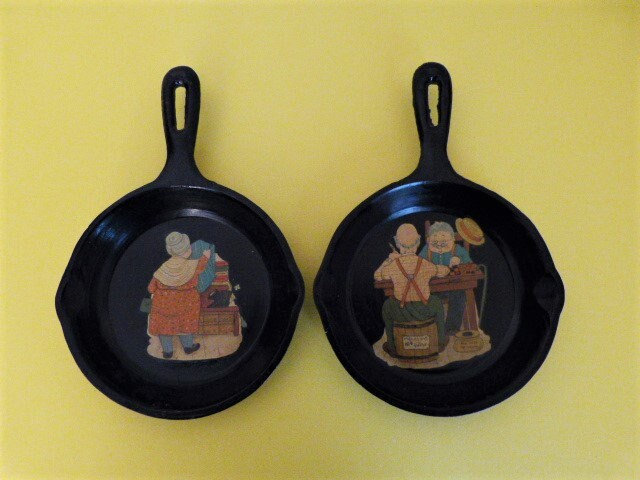 Mini Cast Iron Black Frying Pans with Decals Set of 2 Decorative 6.5” Diameter
