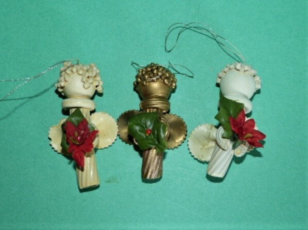 Angel Noodle Pasta Macaroni Ornaments Set of 3 Beige Gold Christmas