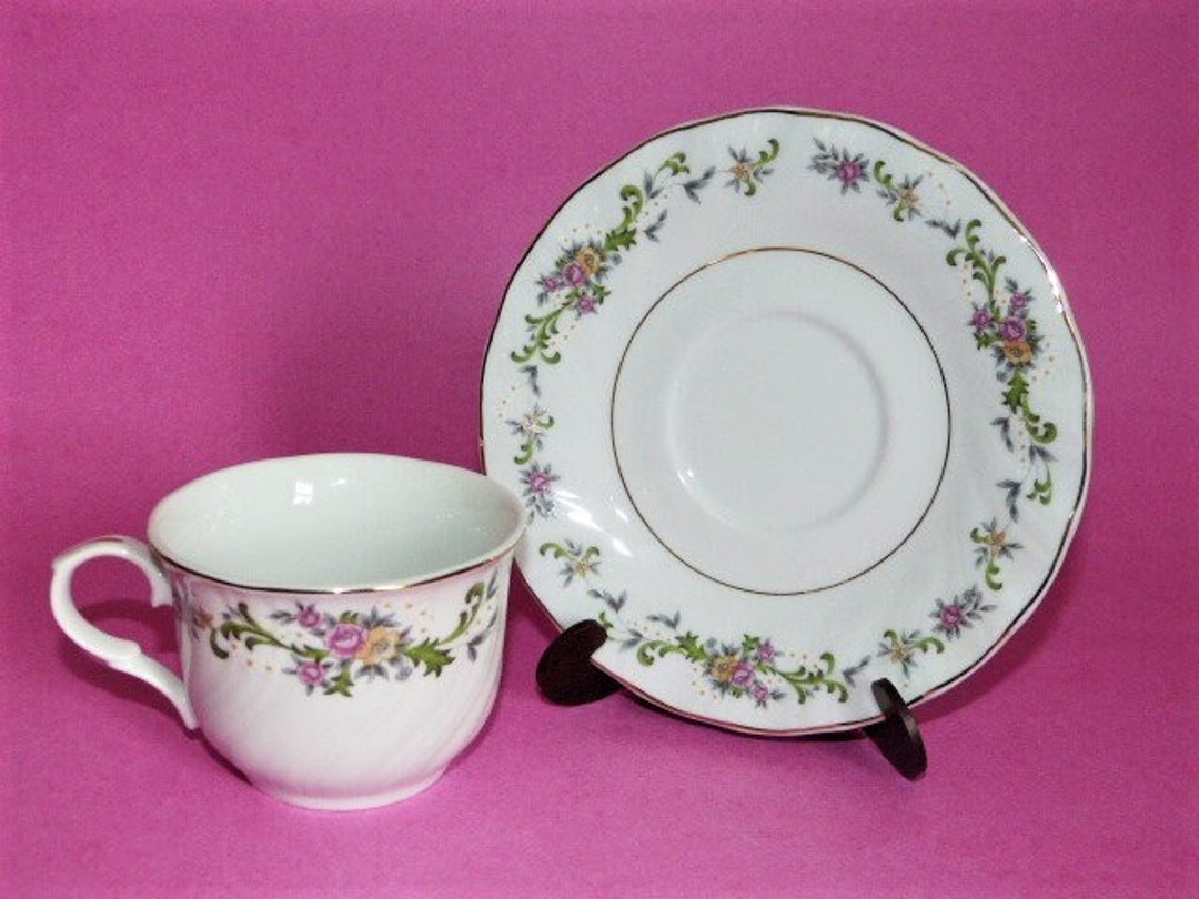 LYNNS FINE CHINA Tea Cup and Saucer Floral Gold Accents Textured