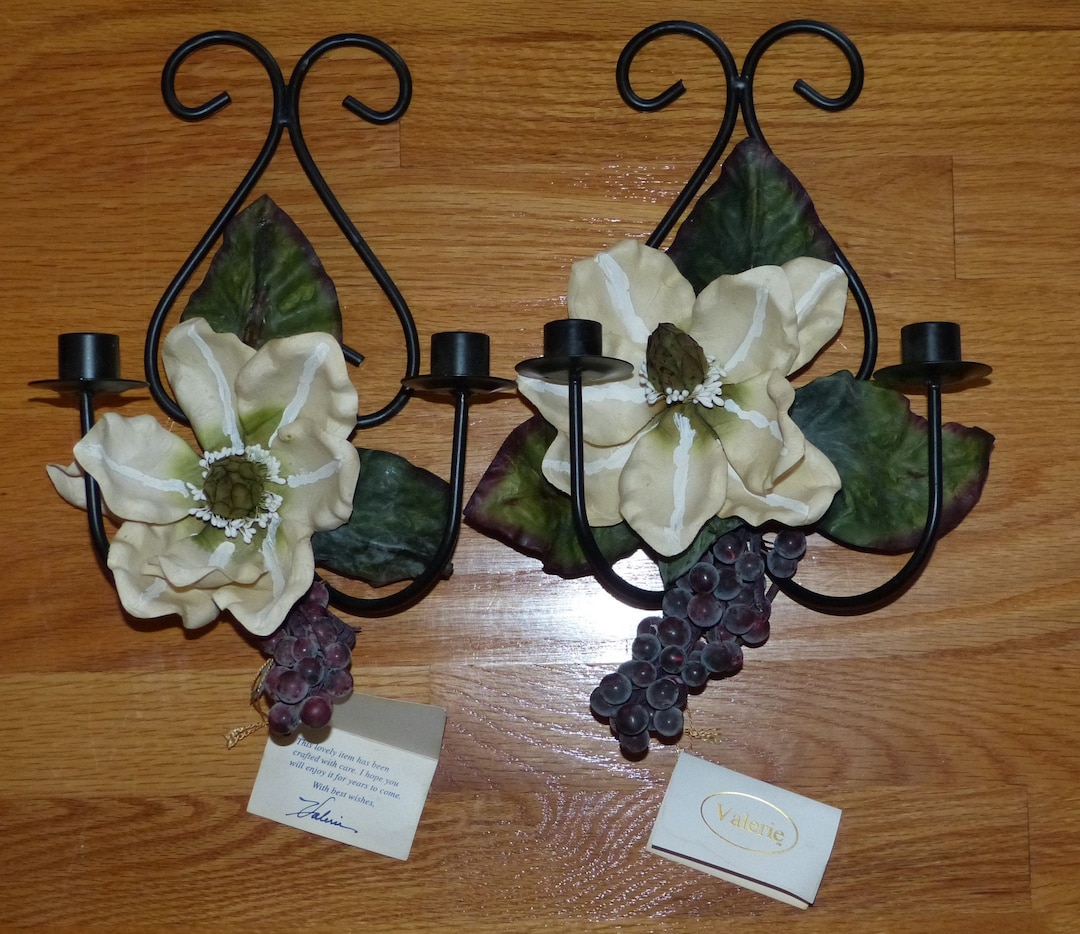 VALERIE Candle Holders Wall Mount Wrought Iron Set of 2 Silk Floral