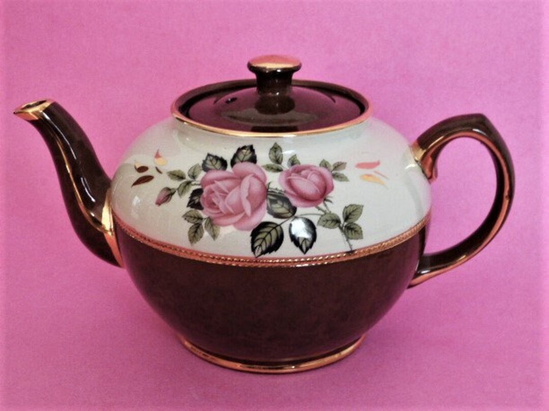SADLER Teapot Brown Betty Mottled Brown Light Green Roses Gold Etsy