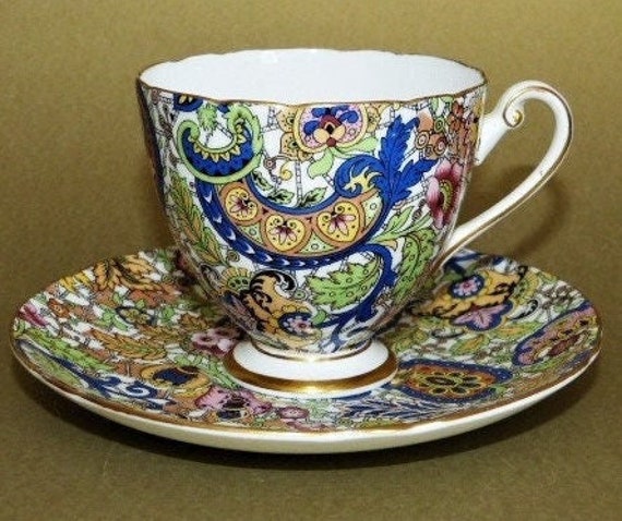 シェリー Shelley Blue Poppy Ludlow Shape SHELLEY Blue Paisley Chintz Teacup & Saucer Ripon Shape Fine Bone