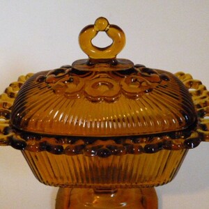 INDIANA GLASS Amber Lidded Candy Dish Rectangular Open Lace Accents ...