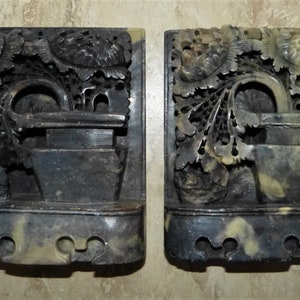 Asian Hand-Carved Black Soapstone Pair of Bookends Planter and Plants Mid-Century