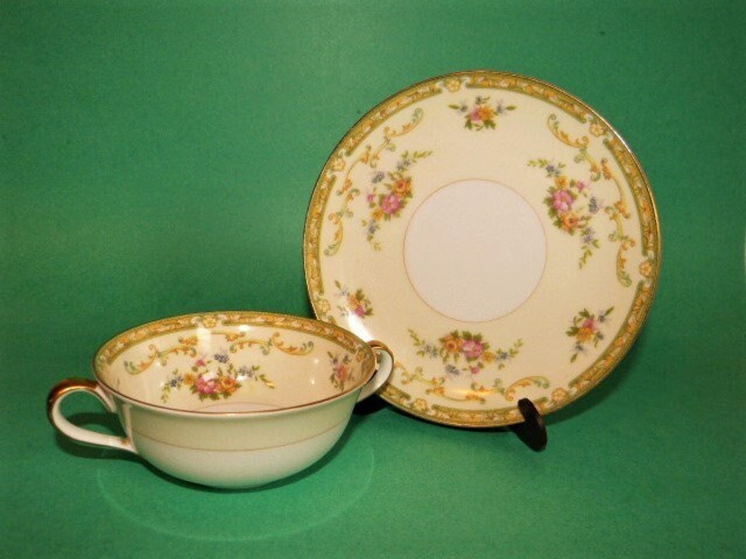 NORITAKE CHINA Bouillon Cup & Saucer Arlene Pattern Pink Yellow Floral
