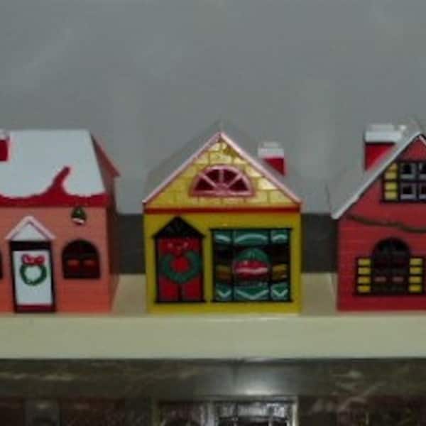 5 Plastic Christmas Houses Mounted on Base 3.50”- 3.75” x 14.5”