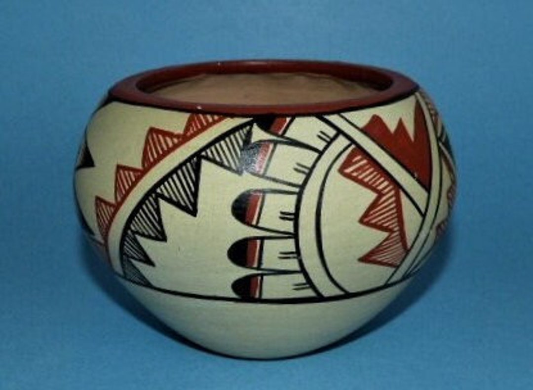 Native American Seed Pot Bowl Navajo Pottery Black Beige Rust Signed