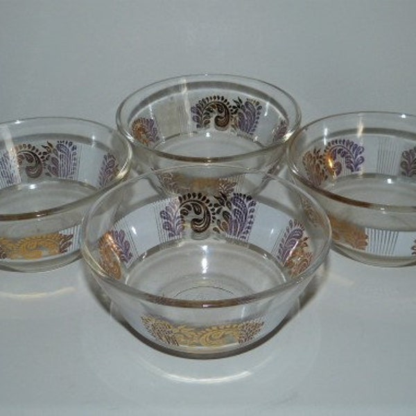 Glass Dessert Snack Bowls Set of 4 Mid-Century 1960’s White Frosted Gold Leaf 2.5” x 5”