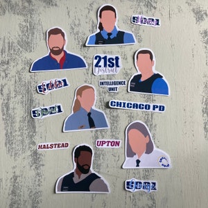 May include: A set of nine stickers featuring characters from the TV show Chicago PD. The stickers are printed on white paper and feature the characters' faces, names, and the show's logo. The stickers are ideal for adding a touch of Chicago PD fandom to your laptop, water bottle, or phone case.