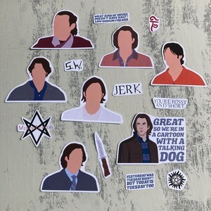 May include: A set of 11 stickers featuring a cartoon character with different expressions and text. The stickers are printed on white paper with a glossy finish. The text on the stickers includes "What kind of house doesn't have salt? Low sodium freaks", "S.W.", "Jerk", "You're bossy and short", "Great so we're in a cartoon with a talking dog", "Yesterday was Tuesday right? But today is Tuesday too", and "Men of Letters".