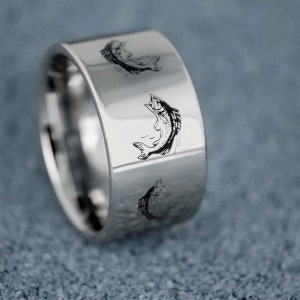 Bass Fish Engraved Tungsten Wedding Band with Personalized Engraving, Fishing Wedding Ring, Customized Fishing Gift