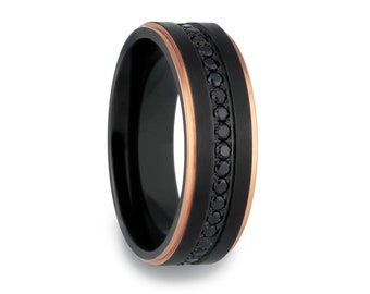 Rose Gold & Black Sapphire Titanium Men&#39;s Wedding Band, Black Sapphire Men&#39;s Ring, Titanium Band, Men&#39;s Eternity Ring, Black Rose Gold Rings