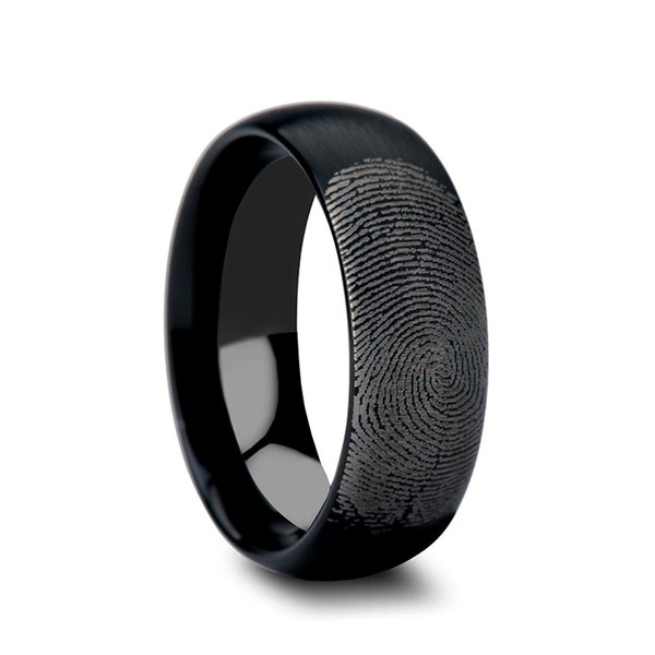 Custom Fingerprint Domed Brushed Black Tungsten Ring with Personalized Message