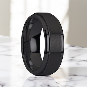 Aliança de casamento masculina giratória de tungstênio preto com gravura personalizada, anel giratório preto, anel giratório de tungstênio, anel masculino gravado