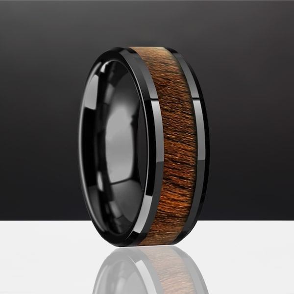 Men’s Black Titanium Wedding Band With Black Walnut Wood Inlay, Custom Engraved Ring, Minimalist Men's Black Ring, Personalized Wood Ring