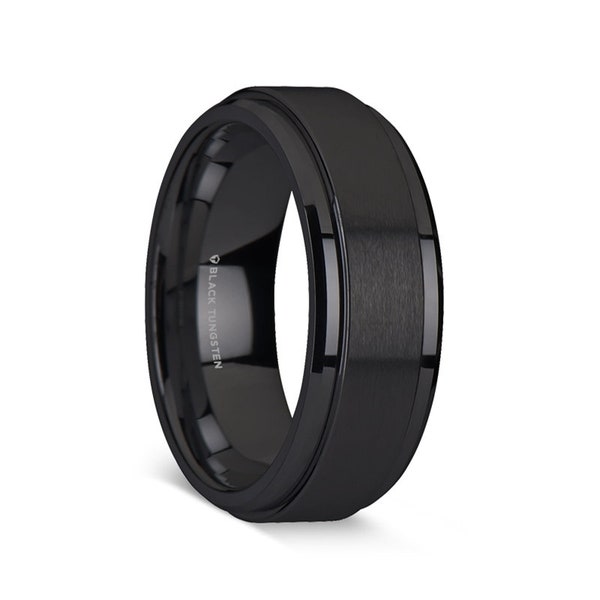 Black Tungsten Spinning Men's Wedding Band with Custom Engraving, Black Spinner Ring, Tungsten Ring Anxiety Ring Spinner, Engraved Mens Ring