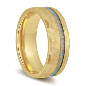 Fire Opal Hammered Gold Tungsten Men&#39;s Wedding Band, Asymmetrical Opal & Gold Tungsten Ring for Men, Unique Ring with Rainbow Opal Inlay