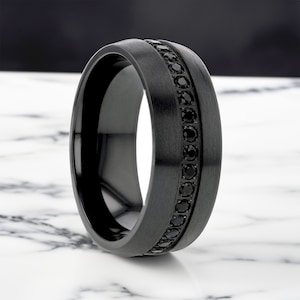 Black Titanium Men&#39;s Eternity Wedding Band with Black Sapphires & Personalized Engraving