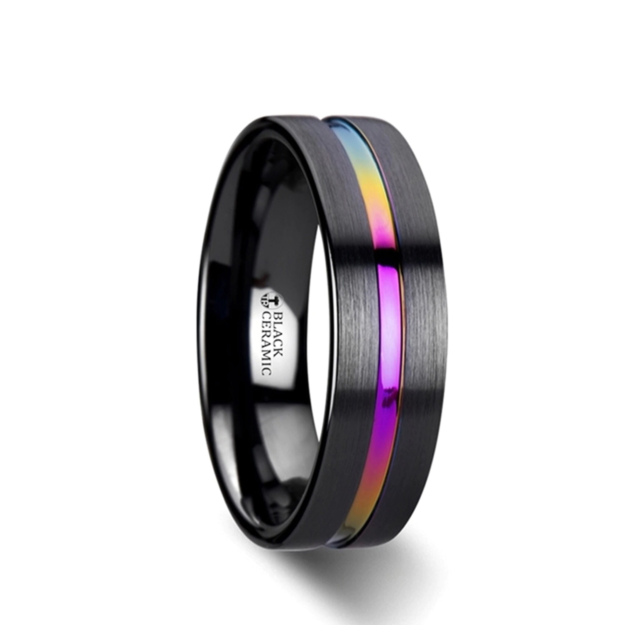 Rainbow Grooved Black Ceramic Wedding Band With Personalized - Etsy