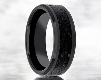 Men’s Black Ceramic Wedding Band with Lava Rock Stone Inlay and Personalized Engraving