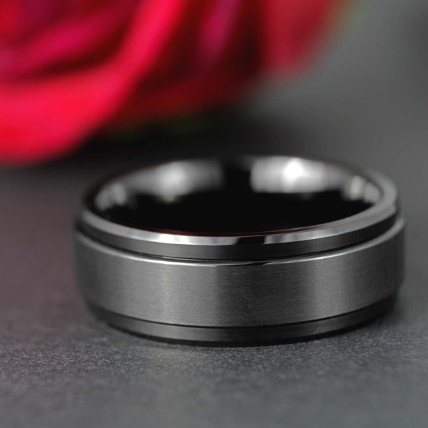 Black Tungsten Spinning Ring with Personalized Engraving